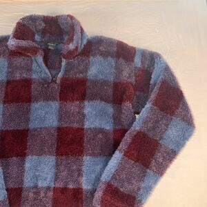 Eddie Bauer Red Blue Check Men's Fleece Jacket Zip Stand Collar L Mid-Length